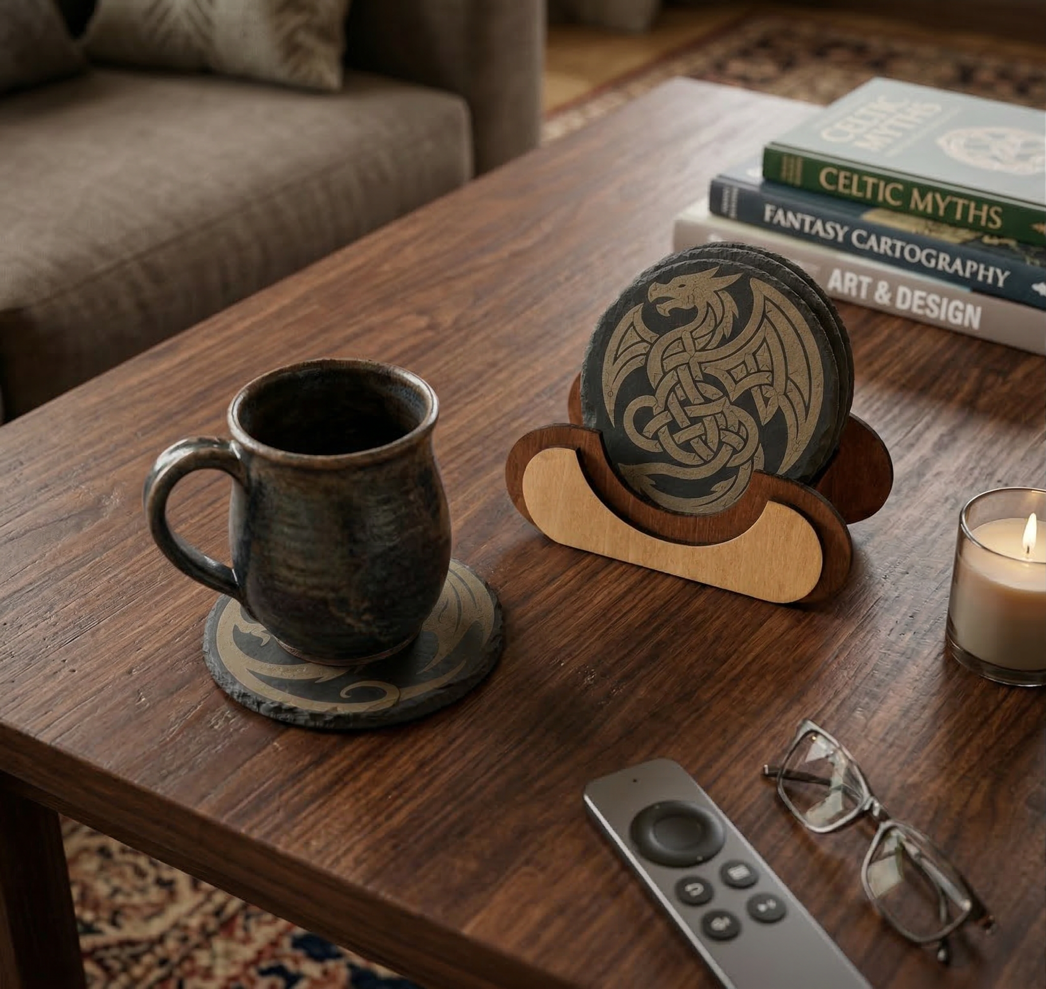 Ceramic mug on a coaster with a decorative coaster holder on a wooden table.