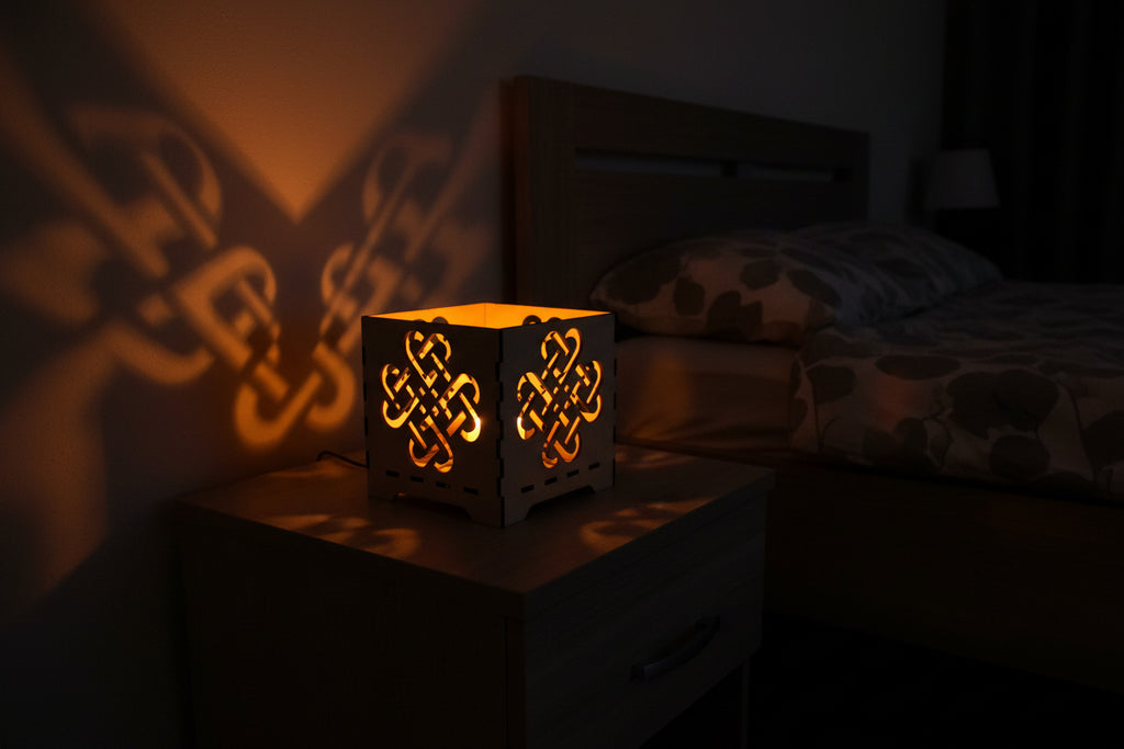 Decorative candle holder with intricate cut-out patterns on a neutral background