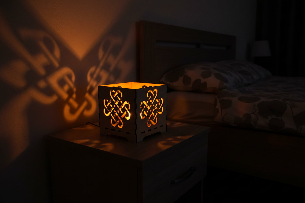 Decorative candle holder with intricate cut-out patterns on a neutral background