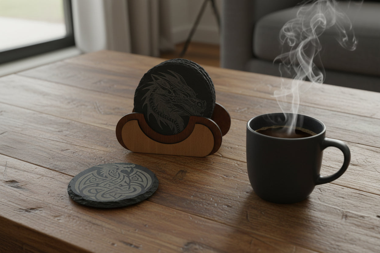 Two black coasters with dragon designs on a coffee table