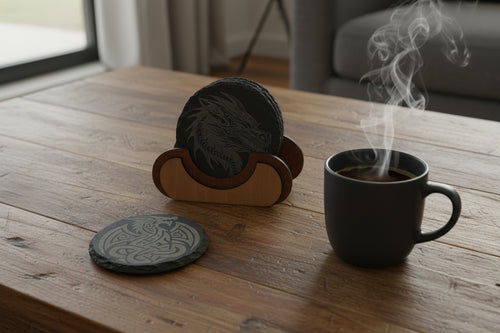 Two black coasters with dragon designs on a coffee table
