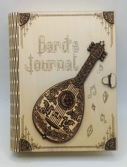 A wooden box titled 'Bard's Journal' featuring a laser-engraved mandolin on the front cover.
