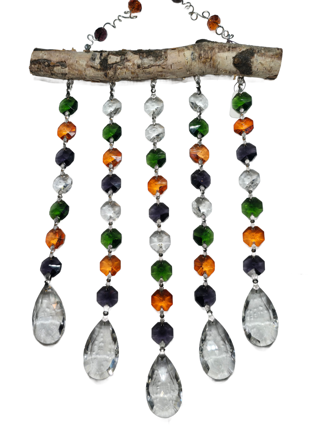Colorful beaded suncatcher with natural branch on a white background