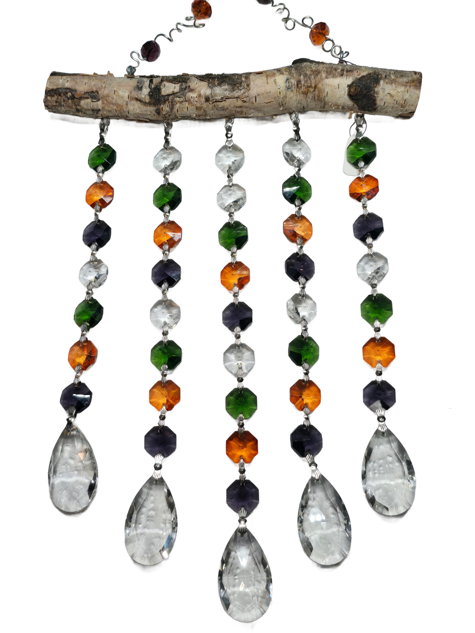 Colorful beaded suncatcher with natural branch on a white background