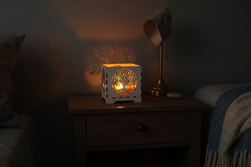 Decorative lamp with tree-of-life design on a plain background